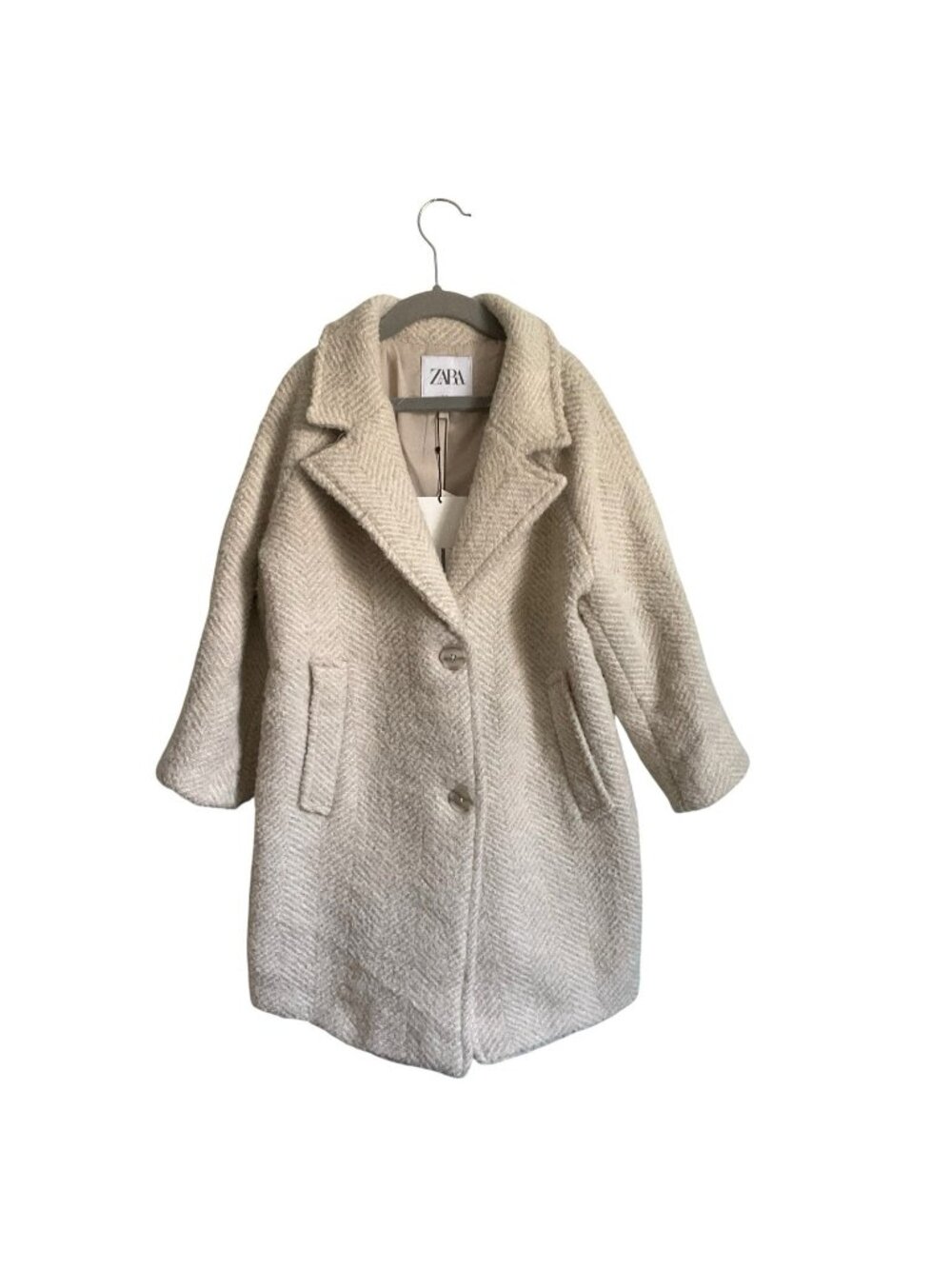 Zara Girls Coat Wool Collared Button Up Beige Size 6-7 Oversized Fake Pockets